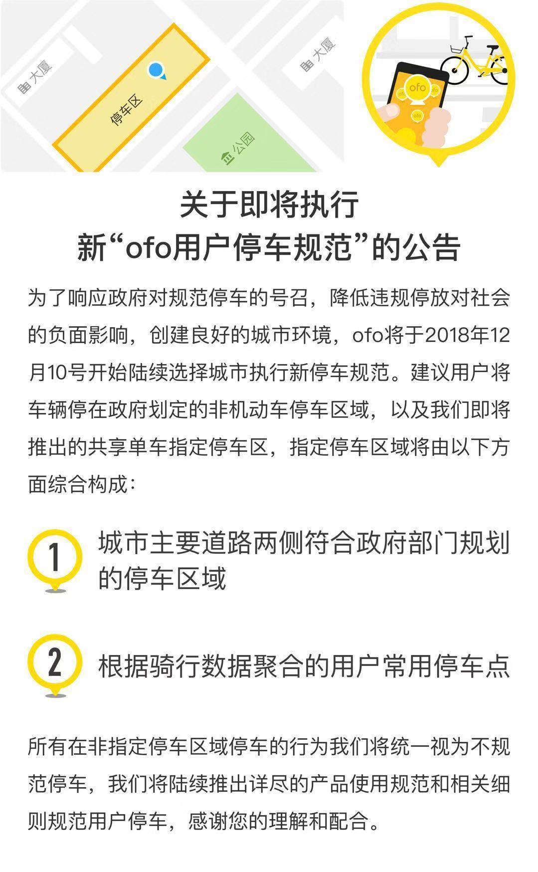 ofo将于本月10日推新版用户停车规范，用户须在指定区域停车