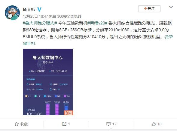 荣耀v20鲁大师跑分曝光：测试机水平顶级，总分31万