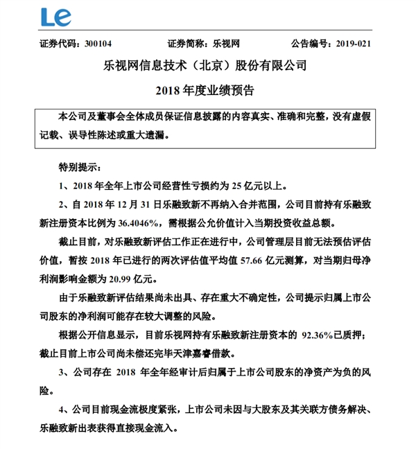 乐视网2018年业绩预期：亏损超25亿元