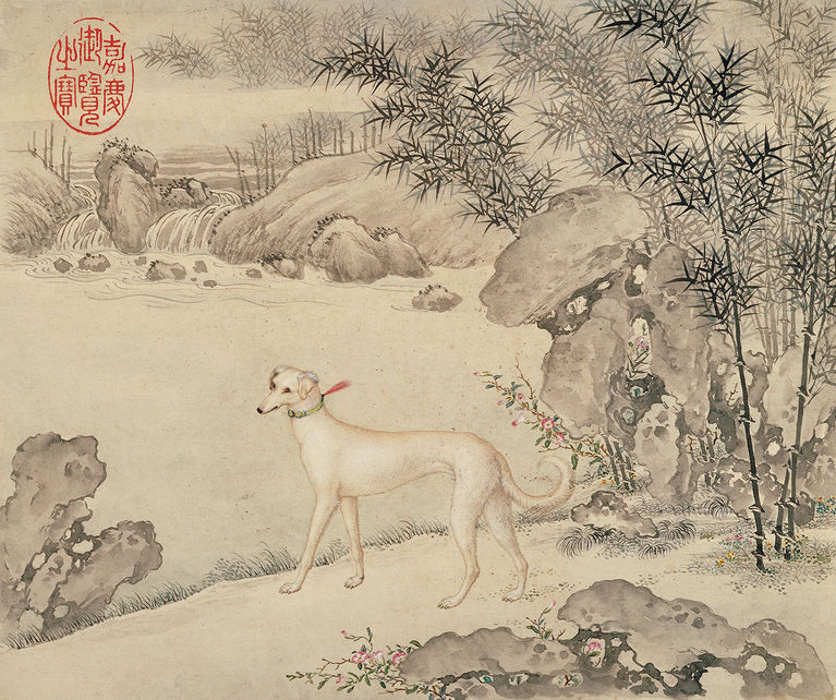 清 艾启蒙 十骏犬图册之「霜花鹞」 纸本设色 纵二四·五厘米 横二九·三厘米 故宫博物院藏