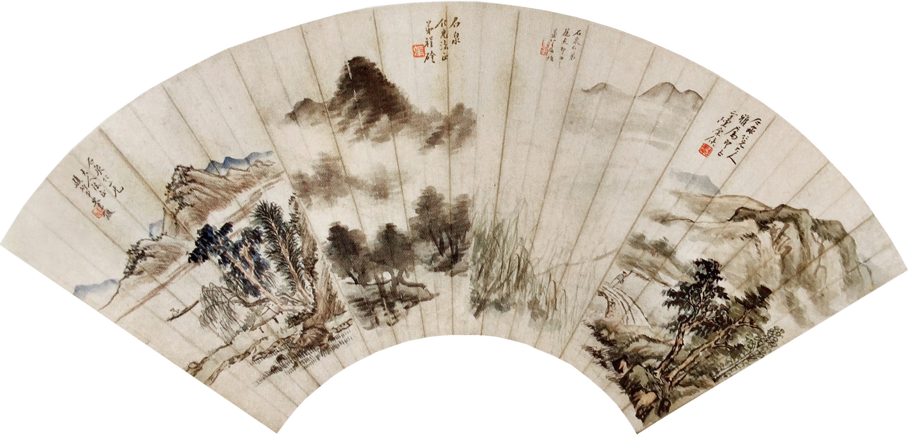 陈康候、王虎榜、程远岑、史常镳《山水集锦扇》,纸本设色,扬州博物馆藏