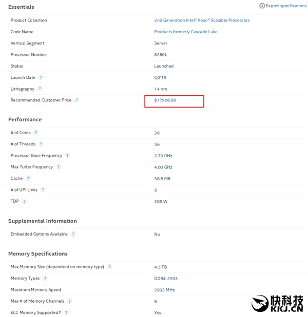 Intel发布旗舰28核至强铂金8284：240W功耗 10.6万第二贵