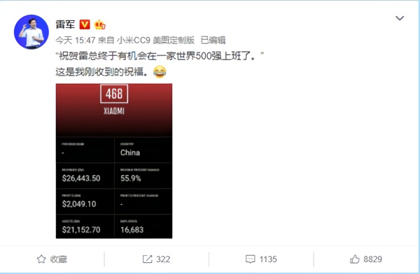 小米进入世界500强 雷军收到祝福：终于有机会能在500强上班了