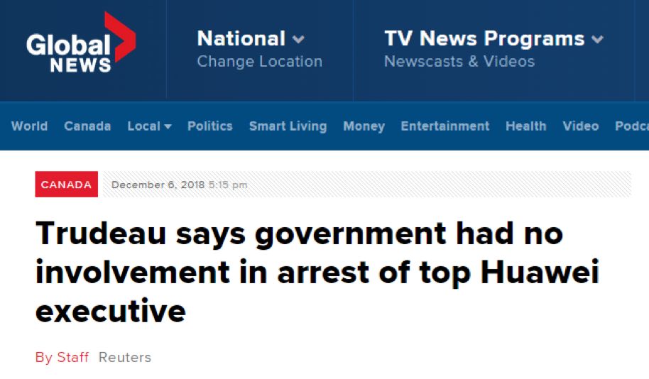 加拿大总理：拘华为高管，加政府知情但未参与