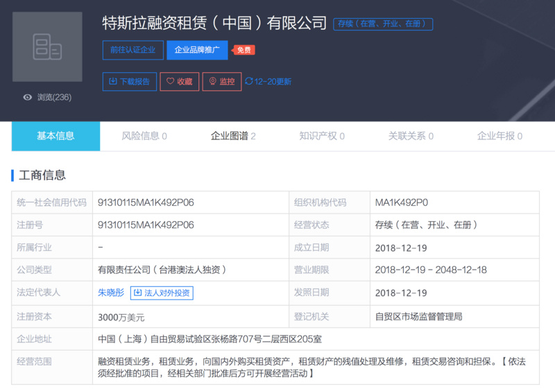 最前线丨不愿错过中国融资租赁蓝海，特斯拉也在上海成立了融资租赁公司