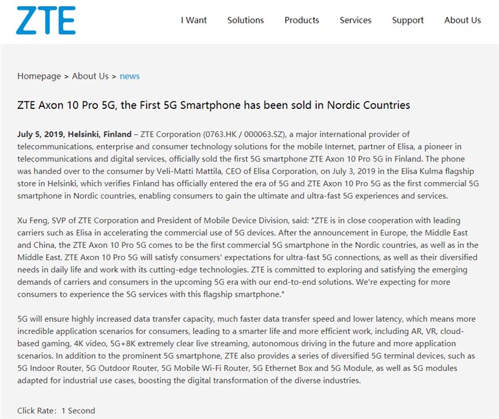 中兴在芬兰销售首款5G智能手机Axon 10 Pro 5G