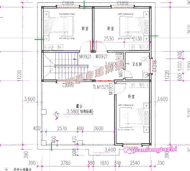 15万100平米左右平屋顶二层农村自建别墅全套设计CAD图效果图纸