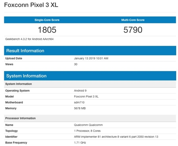 Pixel 3 Lite XL现身跑分：骁龙710+6G内存、富士康代工