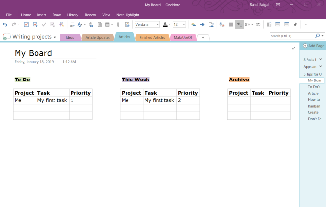 在OneNote中创建看板