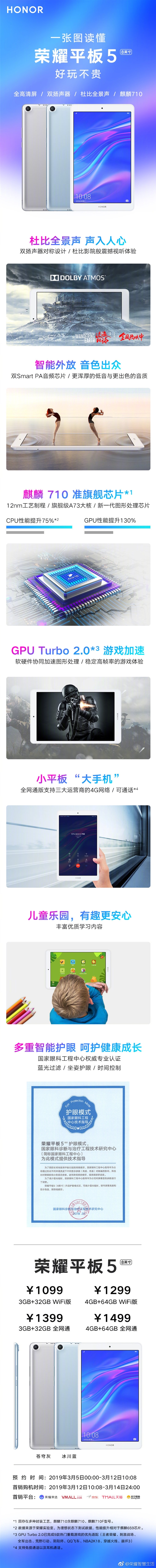 荣耀平板5发布:双扬声器/5100mAh 3月12日开卖
