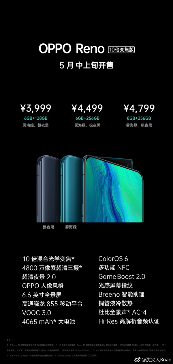 OPPO Reno价格公布：10倍变焦版逼近5K