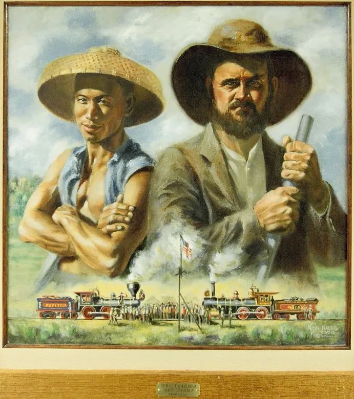 加州铁路博物馆中一幅描绘太平洋铁路的油画,华工形象已十分积极正面
