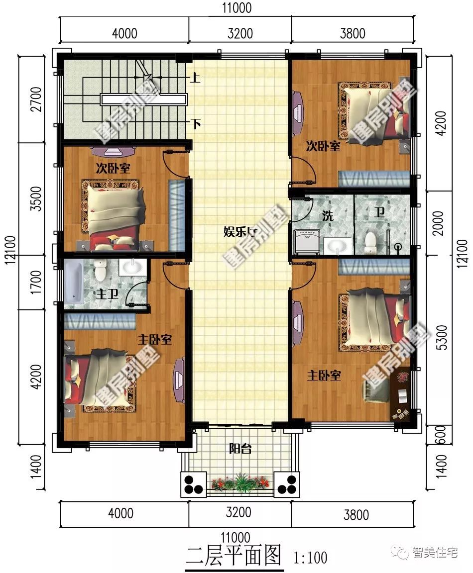 平面圖:一層設有兩室兩廳一廚兩衛,公衛放在樓梯下方;二層設有四室一