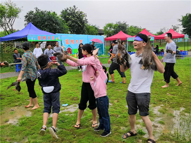 佛山渔耕文化园上演蒙眼徒手捉鸭大赛高手捉了3只鸭