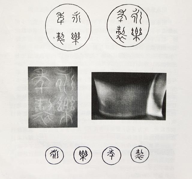 明"永乐年制"篆书刻款 引自《中国古陶瓷款识》在官窑瓷器上,冠以帝王