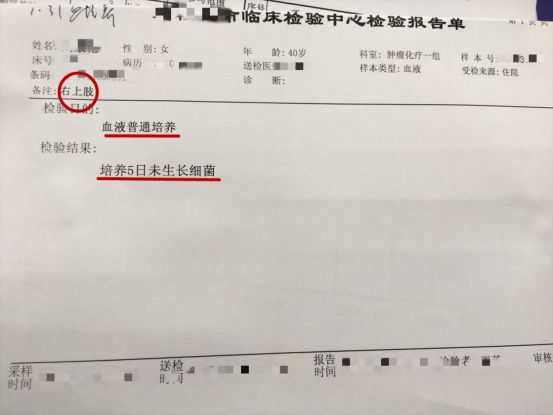 右上肢血液培养5日未见生长细菌
