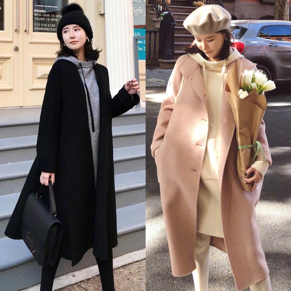 长款羊毛大衣内搭卫衣裙,气质非常的显温柔,加上一条打底裤,即使在