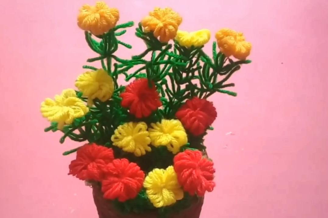 教你用彩色毛线和细铁丝diy一盆漂亮的花艺盆栽创意生活
