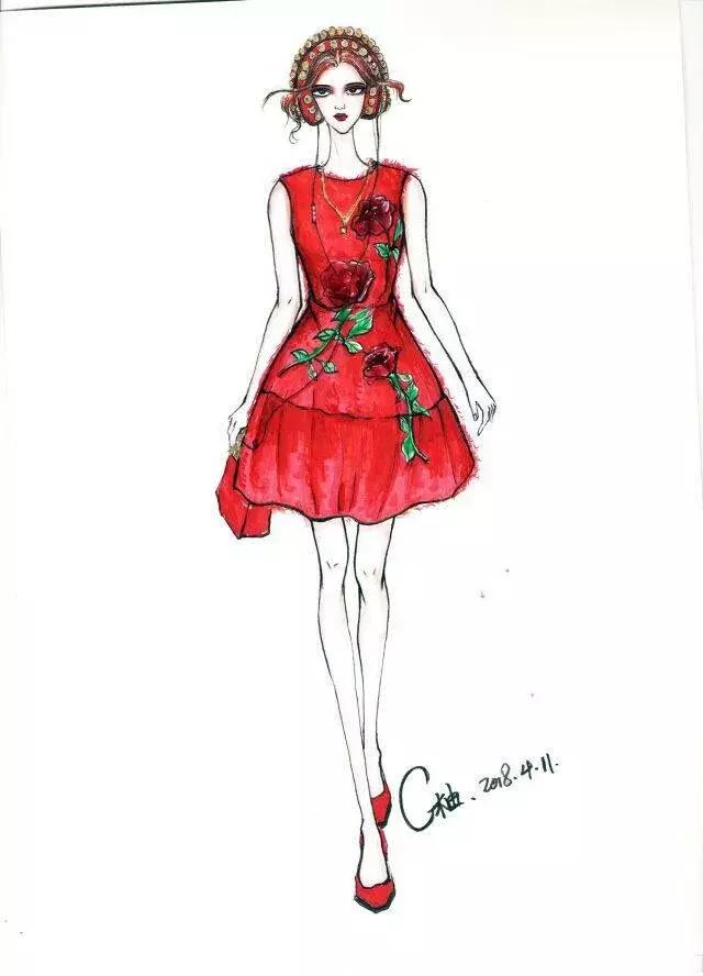 服装线稿图,上色图,步骤图分享,绝色的模特配上精湛的手法绘制