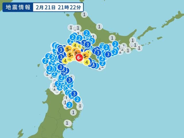 當地時間21日晚間,日本北海道觀測到了最大震度為6級的地震