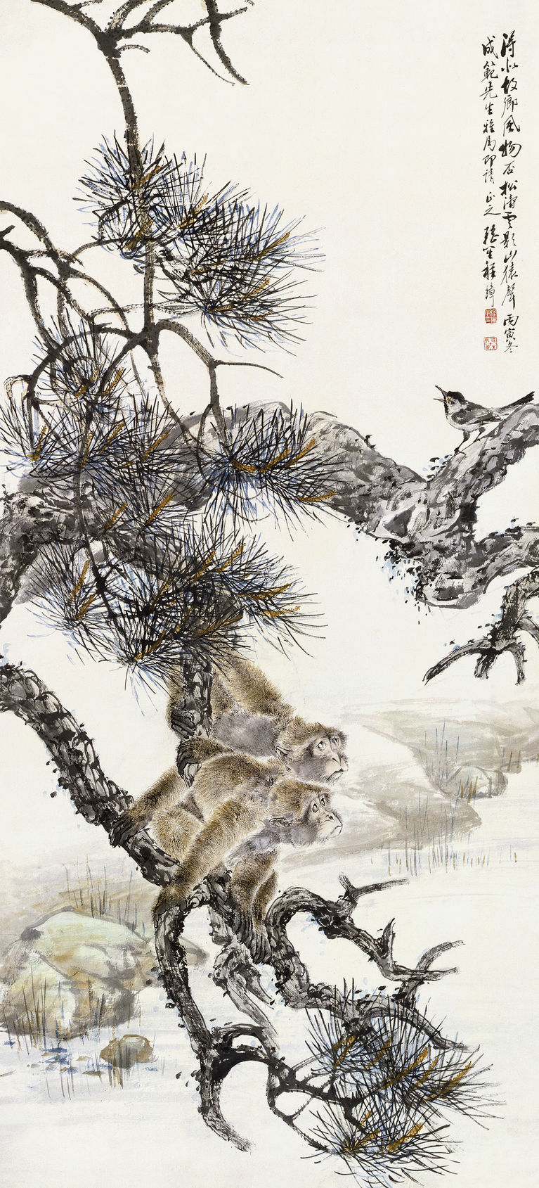 图绘本性好动的猿在听到鸟鸣时的片刻安静,专注聆听的神态被作者捕捉