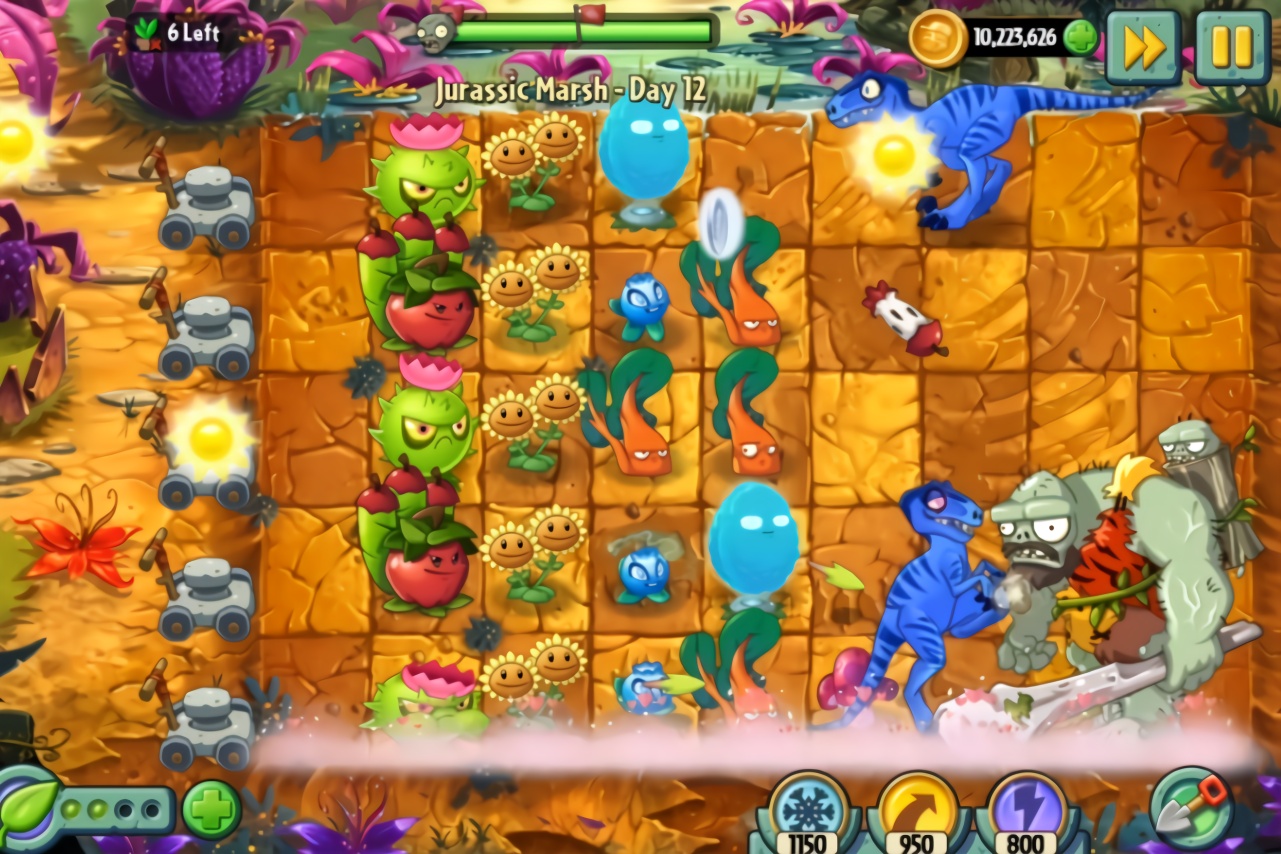 植物大战僵尸2恐龙危机第12天巨人僵尸被迅猛龙给踢飞了