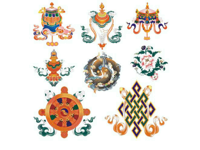 这八种吉祥物的标志与佛陀或佛法息息相关,并代表佛的不同部位