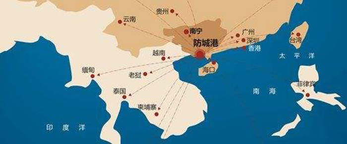 地处我国大陆海岸线的最西南端,背靠大西南,面向东南亚,南临北部湾